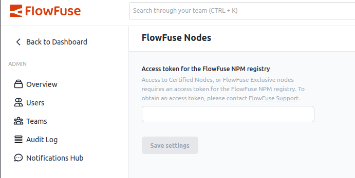 screen shot of Admin Settings page where token is entered