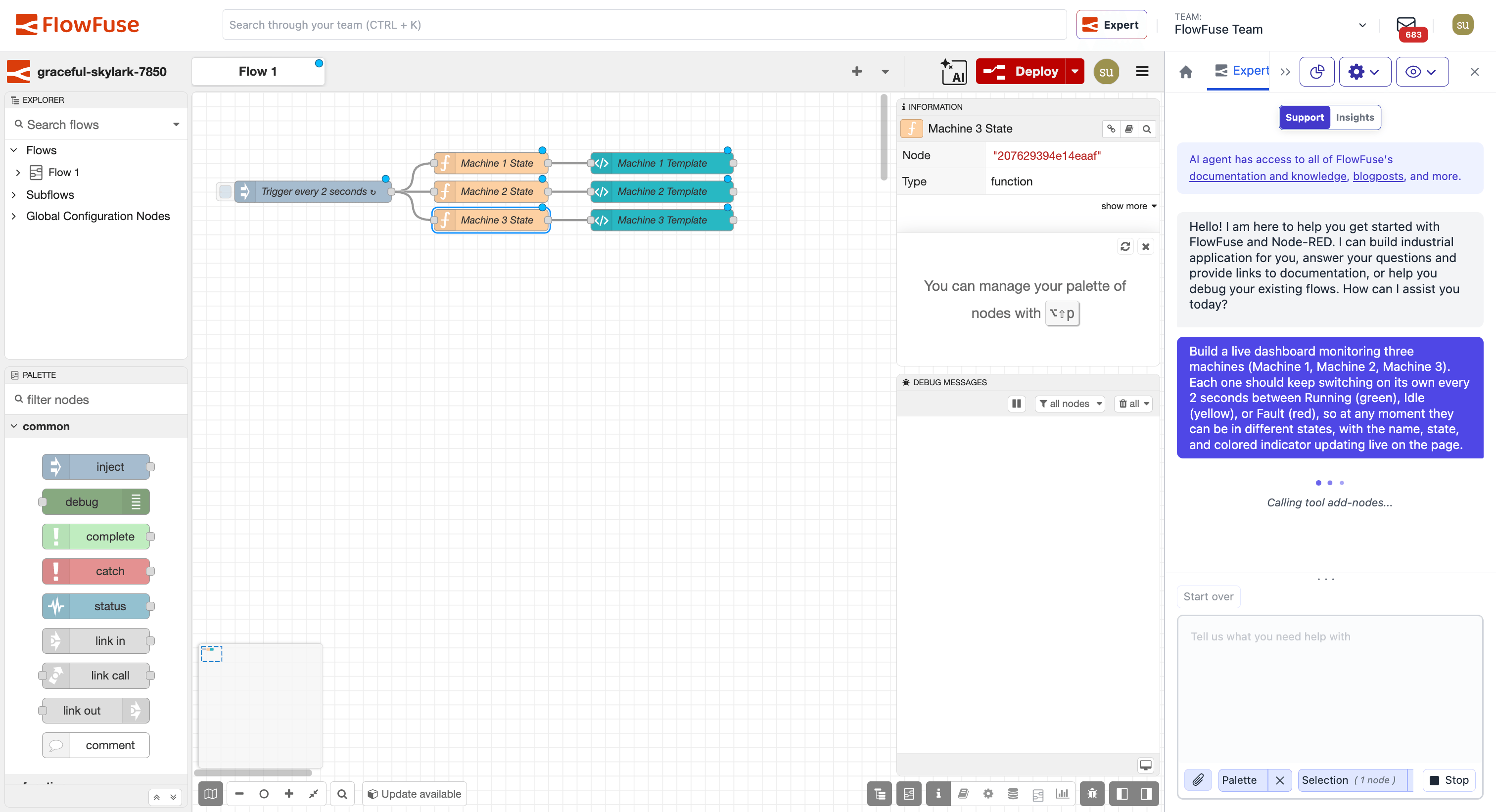 FlowFuse Expert generating a starting flow in a Node-RED 5 workspace from a plain-language prompt.