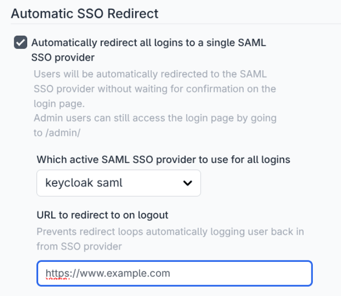 Admin settings for Automatic SSO Redirect
